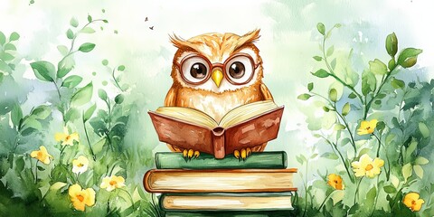 Wise Owl Immersed in Book Knowledge