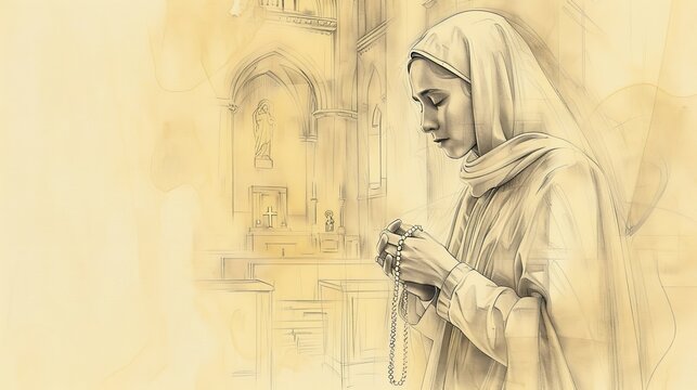 Deep prayer of Saint Monica holding a rosary, serene church setting, piety and dedication. Peaceful and holy atmosphere. Biblical Illustration, Beige Background, copyspace.