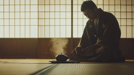 Traditional Japanese tea ceremony with a man in kimono highlighting cultural heritage and tranquility in a serene setting with steam rising from the teapot