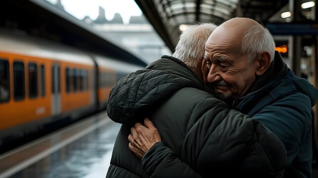 Emotional Reunion of Two Elderly Friends at Train Station
