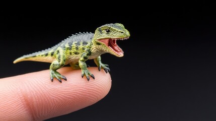 Obraz premium A tiny dinosaur figurine roars from the tip of a finger against a mysterious black backdrop