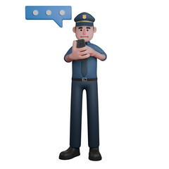 Male Professional Police - 3D Character. A police officer is looking at his cell phone with both hands showing that he is waiting for a reply to a message. Law