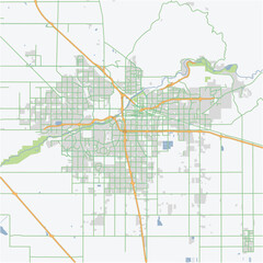 Road map of Bakersfield in California. Contains layered vector with roads water, parks, etc.