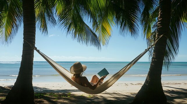 Relaxing Beach Hammock Reading Book Under Palm Trees