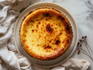 basque burnt cheesecake on white plate, fresh baked cheese cake on table