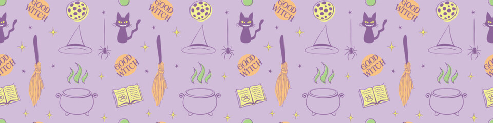 Halloween seamless pattern with good witch symbols - cat, magic book, witch hat, broom and cauldron. Power girls theme. Cute holiday kids decor