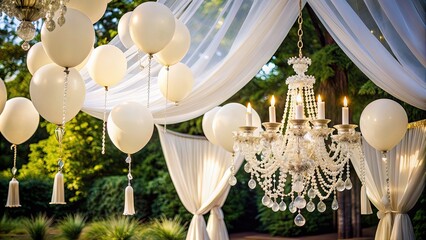 Elegant white balloons and streamers adorn a luxurious outdoor setting with velvet drapes and a sparkling chandelier, perfect for a sophisticated summer celebration.
