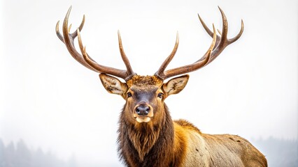 Majestic elk stands proudly against a clean white background, its rustic brown fur and impressive antlers capturing the essence of wild nature's beauty.