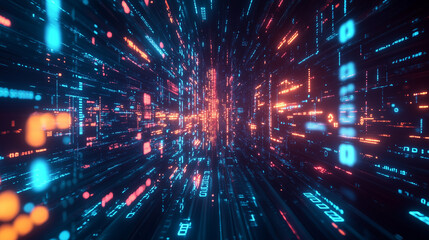 Naklejka premium High-Speed Digital Data Flow, Neon Light, Artificial Intelligence and Big Data Visualization