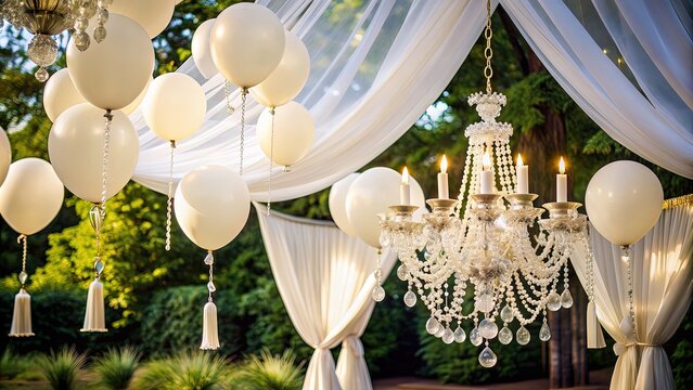 Elegant white balloons and streamers adorn a luxurious outdoor setting with velvet drapes and a sparkling chandelier, perfect for a sophisticated summer celebration.