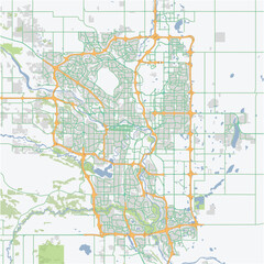 Road map of Calgary in Canada. Contains layered vector with roads water, parks, etc.