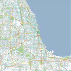 Road map of Chicago in Illinois. Contains layered vector with roads water, parks, etc.