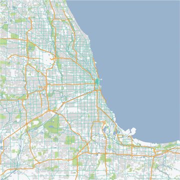 Road map of Chicago in Illinois. Contains layered vector with roads water, parks, etc.