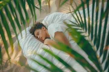 Slumbering young boy relaxes his side peaceful sanctuary. Gentle afternoon light bathes resting teen boy serene tranquility. Nurturing tranquility youthful haven.