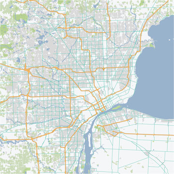 Road map of Detroit in Michigan. Contains layered vector with roads water, parks, etc.