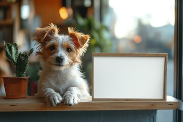 A cute dog sits next to a blank wooden frame, perfect for customizable messages, surrounded by warm, cozy indoor bokeh light suitable for pet advertisements, greeting cards, or social media posts,