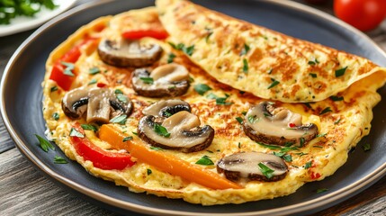 Omelet with cheese, mushrooms, and bell peppers