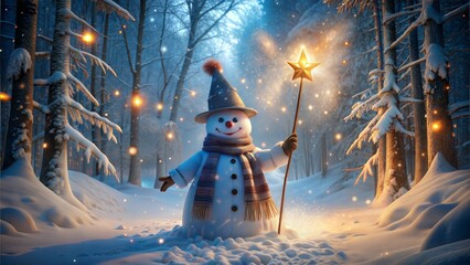 Fototapeta premium nowman in Enchanted Forest Holding a Star Staff