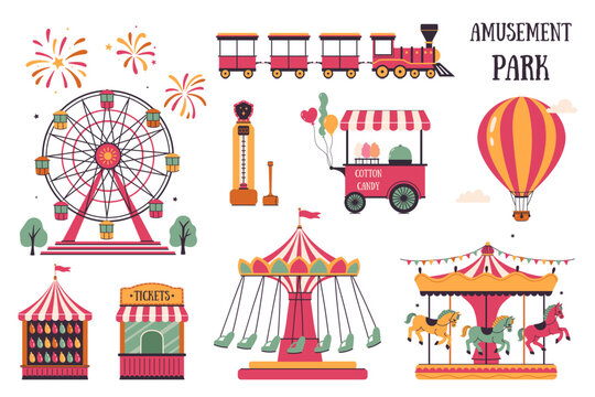 Amusement park set, ticket office, cotton candy cart, Ferris wheel, carousel, balloon, force meter, balloon darts, train. Vector graphics.