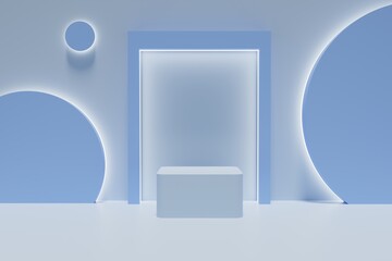 3D Render Empty Cube Blue Podium Minimalist Background