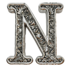 the 3d letter 'N' made of SILVER , serif font, standing, isolated on a white transparent background
