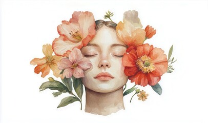 A face surrounded by blooming flowers, mental well-being, vibrant spring colors, watercolor illustration, isolated on white background