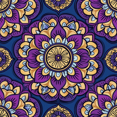 Colorful Floral Mandala: Purple, Yellow, and Blue Harmony