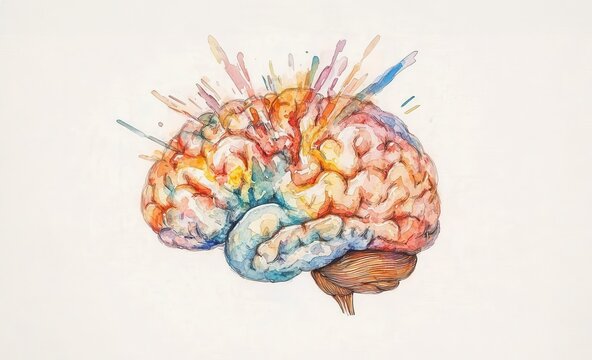 A brain with vibrant colors exploding out, creativity and mental strength, abstract, watercolor illustration, isolated on white background