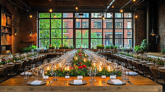 A beautifully arranged long dining table adorned with candles and floral decorations, set in a vibrant urban space featuring large windows.