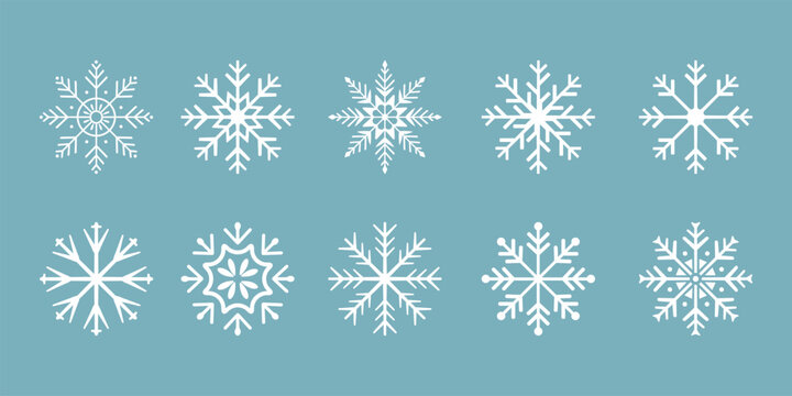 Set of cute snowflake icons on isolated  background New Year ornament Symbols for mobile apps and website design. Flat snowflake icons, silhouette. 