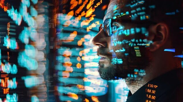 A man is looking at a computer screen with a lot of numbers and letters. Concept of focus and concentration as the man stares at the screen. The bright colors and patterns of the numbers