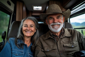 Fototapeta premium Elderly couple in an RV, traveling across the country, their pension providing financial freedom to live out their travel dreams, retirement road trip, pension-supported lifestyle