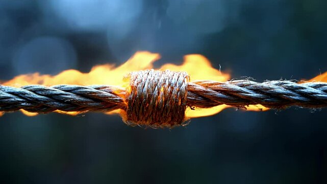 Flames engulf a tightly coiled rope while surrounded by blurred trees in a dusky setting.