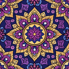 Colorful Floral Mandala: Purple, Yellow, and Blue Harmony