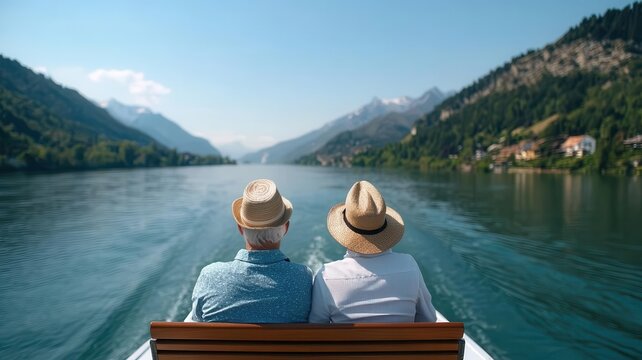 Retired couple enjoying a scenic European river cruise, symbolizing the dream of long-term travel made possible by pension funds, retirement cruising, pension-supported journey