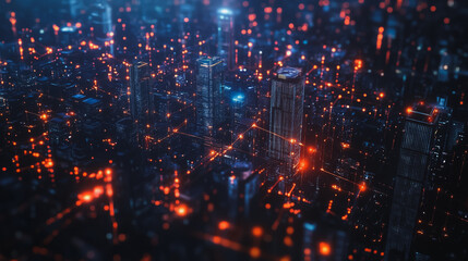 Obraz premium Smart digital Innovation city with connection network reciprocity over the cityscape. of future smart wireless digital city and social media networking systems that connects people with in city