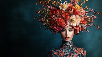 Woman with a floral headpiece and dress against a dark blue background.