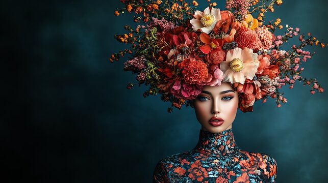 Woman with a floral headpiece and dress against a dark blue background.