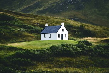 Obraz premium A small white house is sitting on a grassy hill.