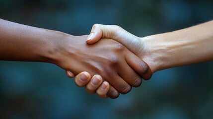 A dark and light hand join together in a handshake symbolizing unity and mutual respect.