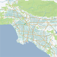 Road map of Los Angeles in California. Contains layered vector with roads water, parks, etc.