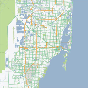 Road map of Miami in Florida. Contains layered vector with roads water, parks, etc.
