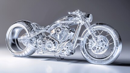 Ultra-sharp 3D shaded drawing of a model showcasing a luxury motorcycle, depicted in clear detail