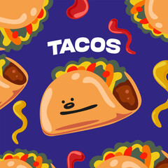 Vector Mexican street food in flat style. Tacos and shawarma characters. World food day illustration. Poster for advertising food establishments