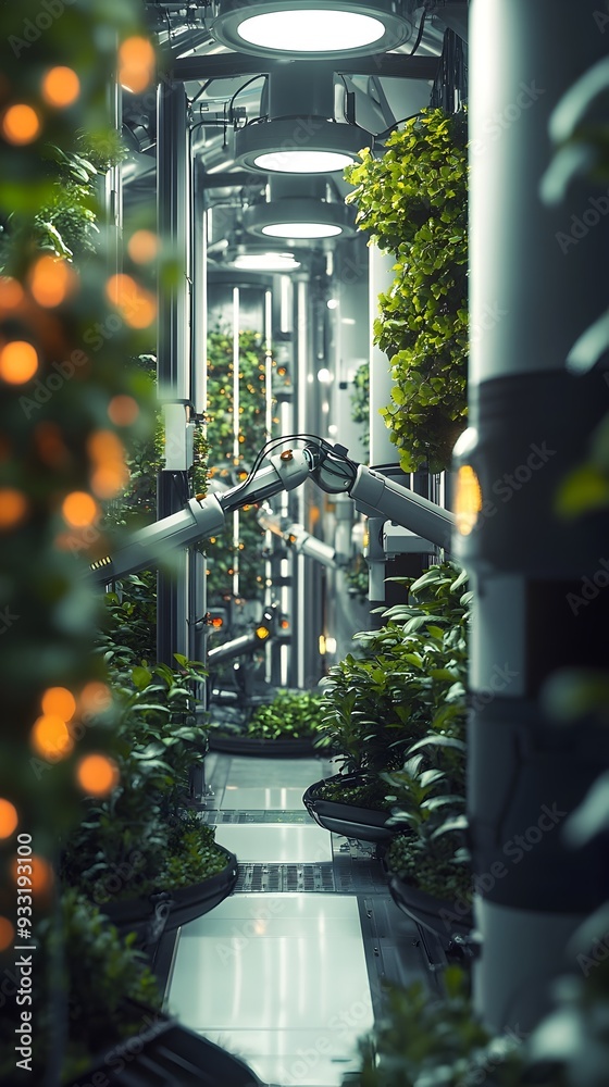 Poster fully automated vertical farming system with robotic arms tending to plants in a futuristic clean an