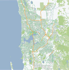 Road map of Perth in Australia. Contains layered vector with roads water, parks, etc.