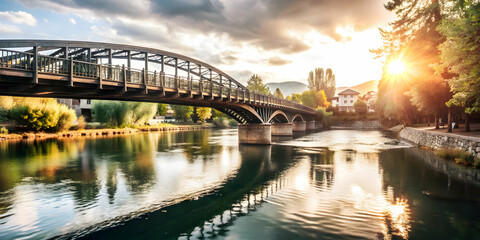 Naklejka premium Photo Realistic as Scenic river with a bridge concept as A serene river with a picturesque bridge symbolizing the journey and hard work ideal for business presentations needing a clean and inspiring b