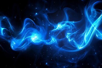 Abstract blue background with glowing circular shapes and swirls. Blue abstract light effect on a dark black background, with smoke and an energy flow. Generative AI