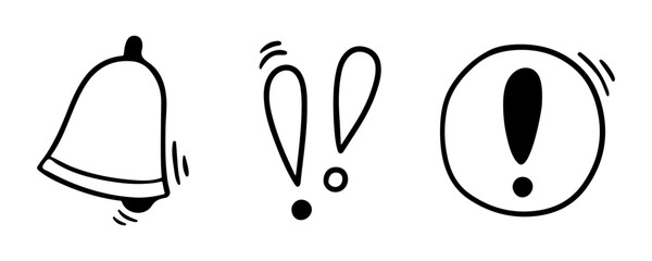 Doodle exclamation mark, notification bell, alert danger information sign set. Scribble hand drawn doodle exclamation point, stop warning sign.
