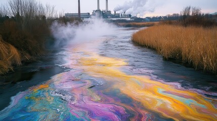 Industrial factory releasing toxic waste into a river, causing colorful pollution in a natural wetland environment